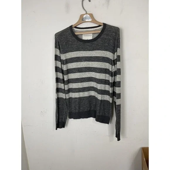 Aeropostale Women Sweater Small Gray Striped Emo Scene Y2K Goth Grunge Crew Neck - Picture 2 of 10